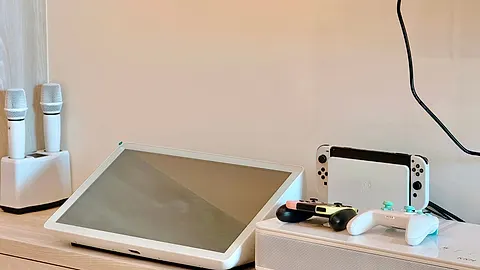 親子館娛樂設備，麥克風與 Nintendo Switch 主機及手把